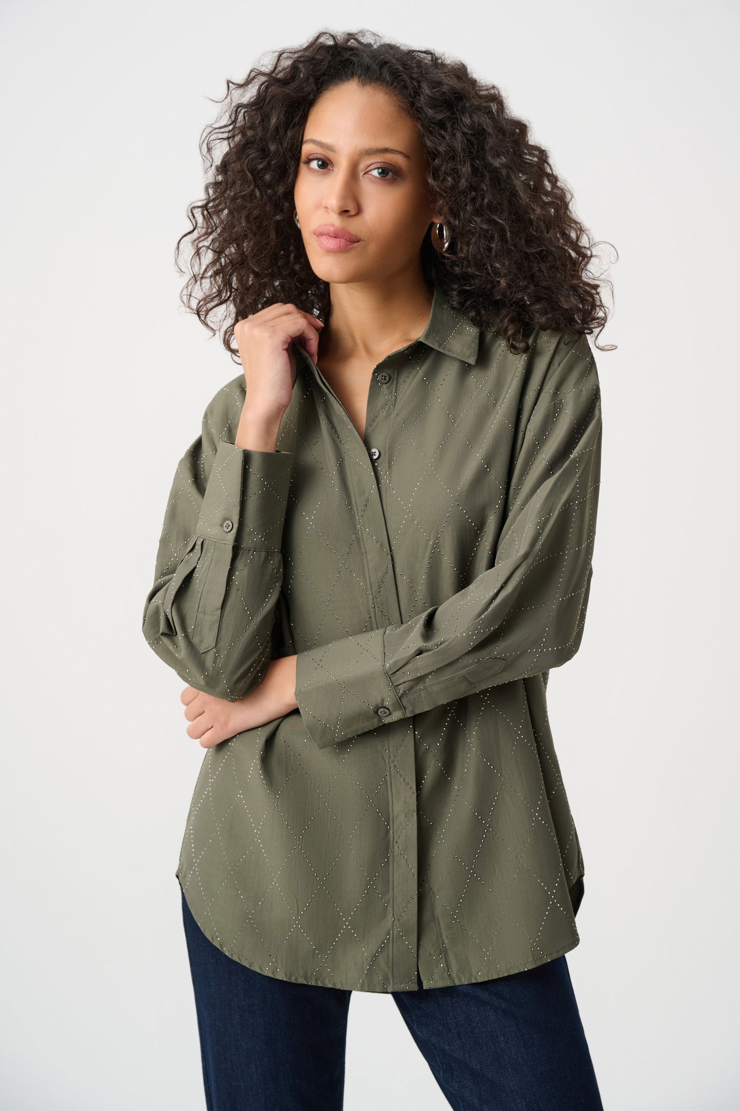 Joseph Ribkoff Blouse With All-Over Rhinestone Detail - Avocado - Sizes: XS S L