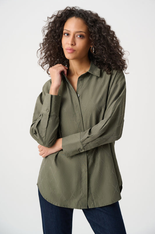 Joseph Ribkoff Blouse With All-Over Rhinestone Detail - Avocado - Sizes: XS S L