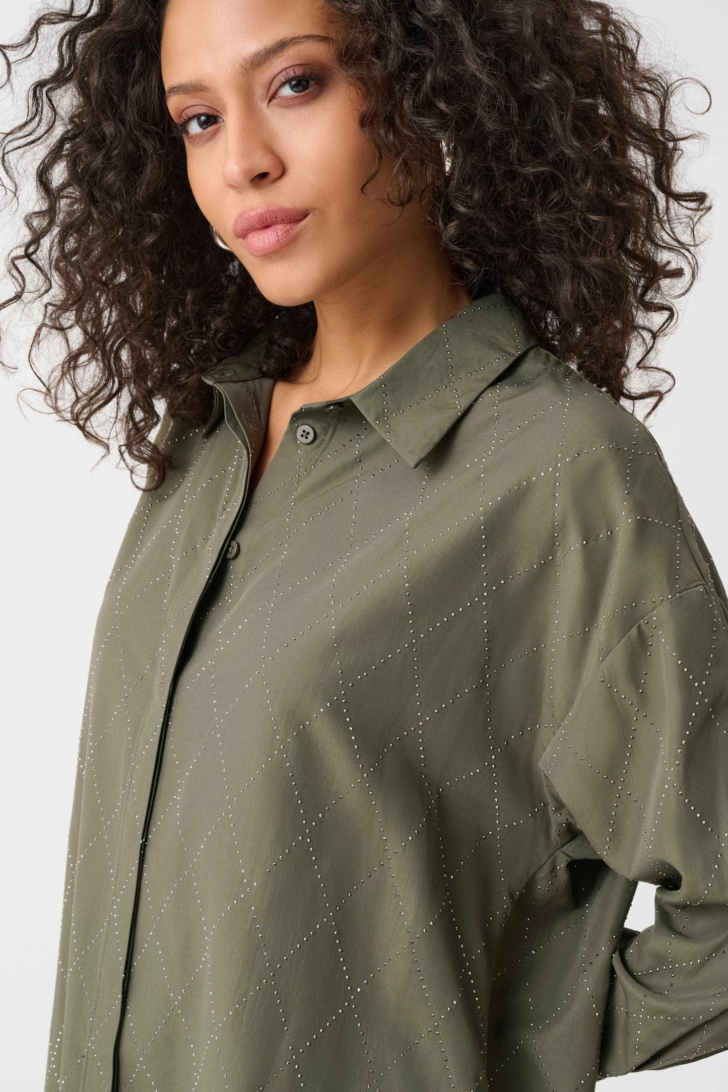 Joseph Ribkoff Blouse With All-Over Rhinestone Detail - Avocado - Sizes: XS S L