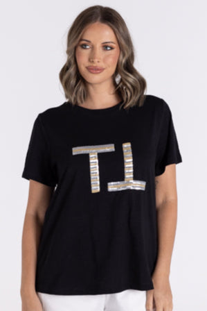 Two-T's     Sequin Logo Tee  -  Black with Gold/Silver  -  Sizes: 8 10 12  16
