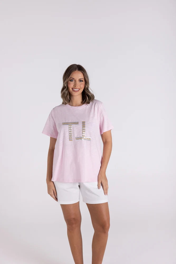 Two-T's Pink Sequin Logo Tee with Gold + Silver - Sizes: 8 10 12 14 16