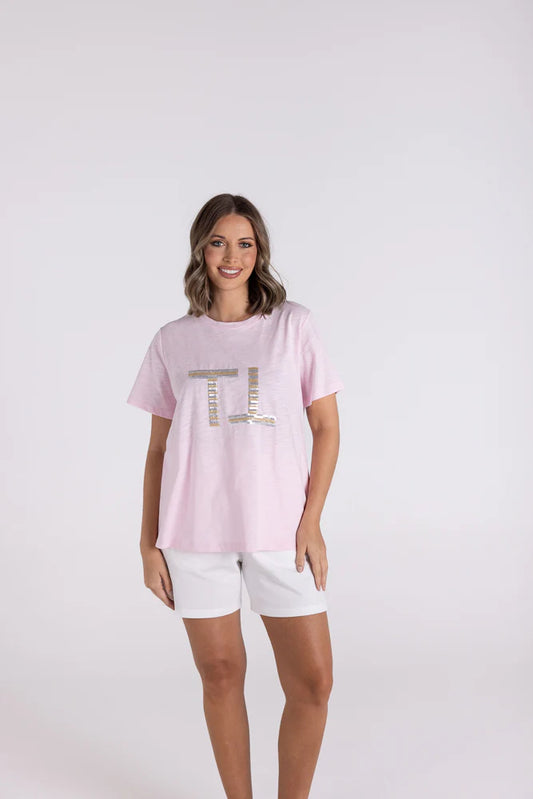 Two-T's Pink Sequin Logo Tee with Gold + Silver - Sizes: 8 10 12 14 16