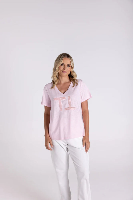 Two-T's Pink V Neck with Sand/Pink Logo Tee - Sizes: 8 10 14 16