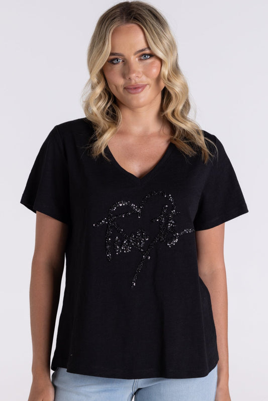 Two-T's  Sequin Heart Logo Tee - Black - Sizes:   16