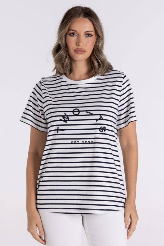 Two - T's  Navy and White Stripe Logo Tee Shirt - Sizes: 8 16