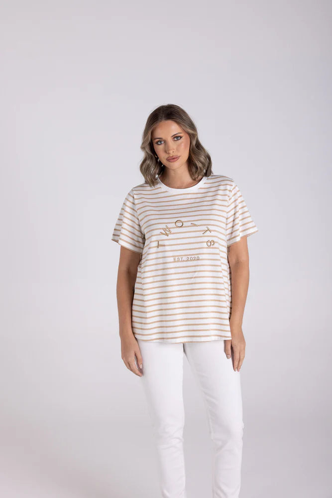 Two-T's Sand/White Crew T-Shirt with Embroidery - Sizes: 8 10 14