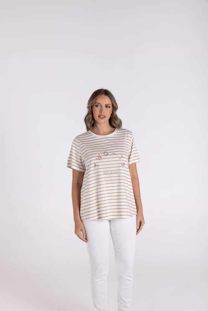 Two-T's Sand/White Crew T-Shirt with Embroidery - Sizes: 8 10 14