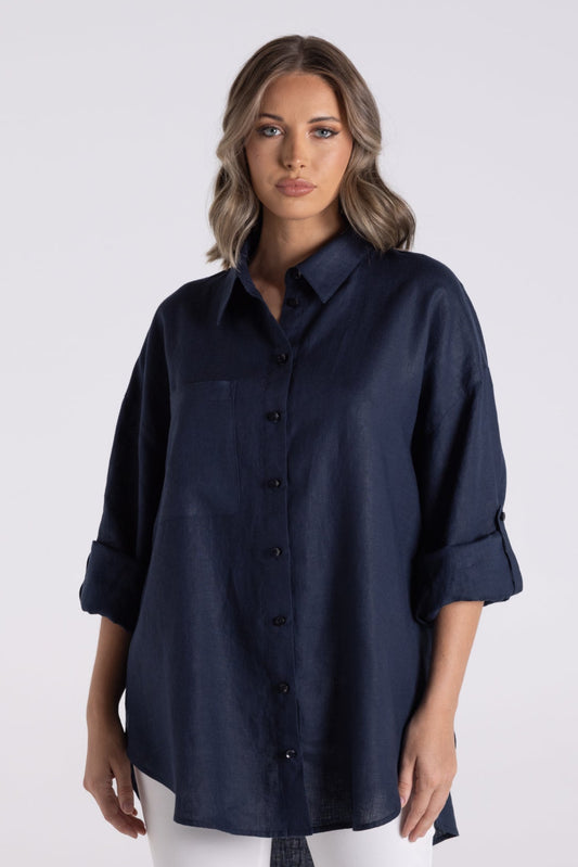 Two -T's French Navy Long Sleeve Linen Shirt - Sizes: 12 16