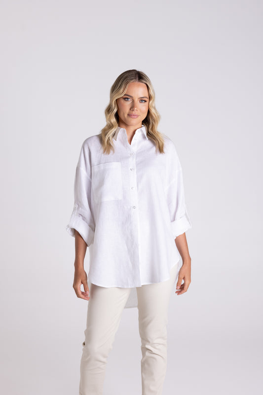 Two-T's White Oversized Linen Shirt - Sizes: 10 12 14