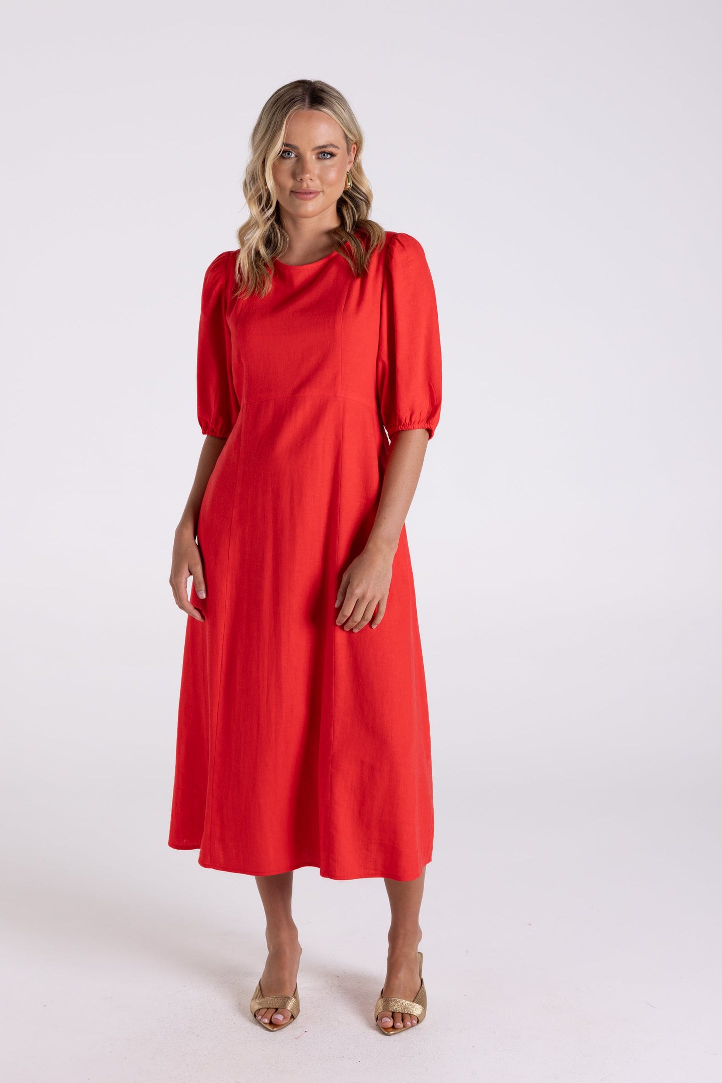 Two-T's    Round Neck Midi Dress w Elbow Sleeve   -    Sunset   -   Sizes: 10 12 16