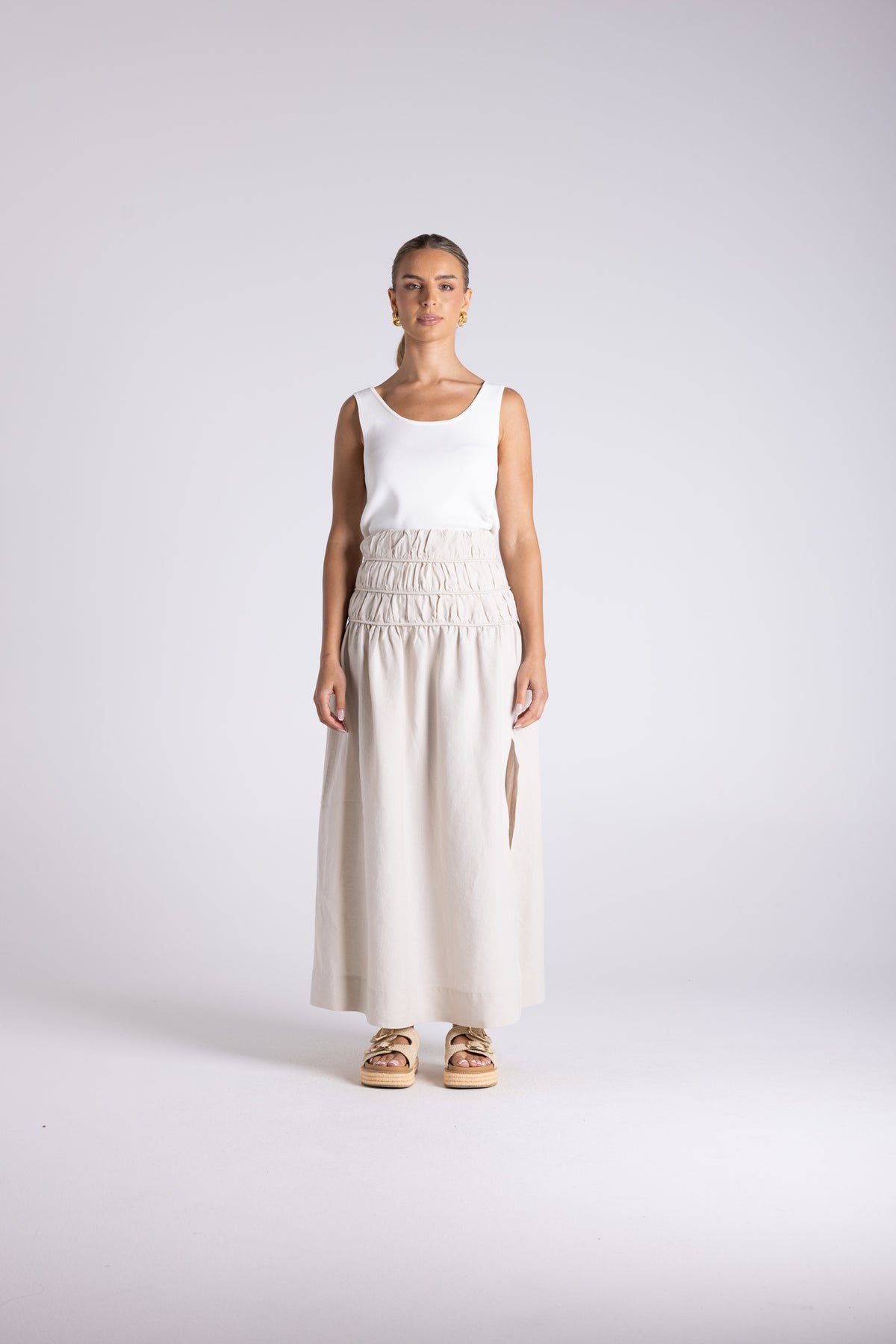 Two -T's Gathered Midi Skirt - Straw - Sizes: 10 12 14