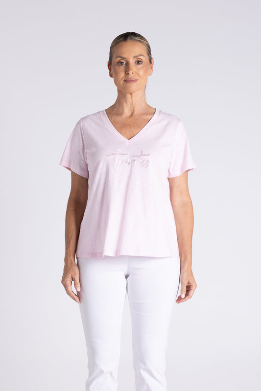 Two -T's V Neck T-Shirt with Embroidered Logo - Soft Pink - Sizes: 8 12 14 16