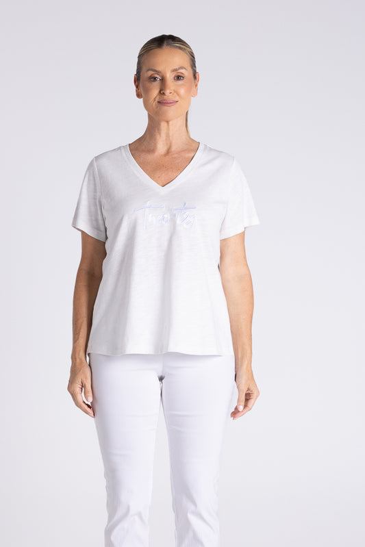 Two -T's V Neck T-Shirt with Embroidered Logo - White - Sizes: 8 12 14 16