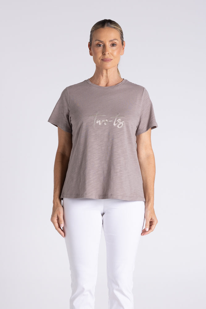Two -T's V Neck T-Shirt with Embroidered Logo - Dove - Sizes: 8 10 12 14 16