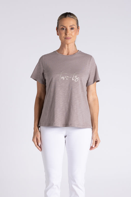 Two -T's V Neck T-Shirt with Embroidered Logo - Dove - Sizes: 8 10 12 14 16