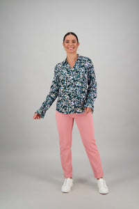 SALE   Vassalli   Forest & Pink Floral Cuff Detail Shirt   -   Sizes:  12