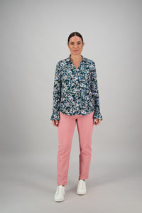 Vassalli  Forest & Pink Floral Cuff Detail Shirt - Sizes: 10  12  14  16