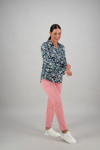 Vassalli  Forest & Pink Floral Cuff Detail Shirt - Sizes: 10  12  14  16