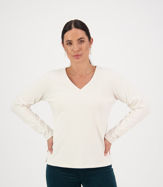 SALE  Vassalli      Ribbed Long Sleeve Tee Top    Pearl    -    Size:  16