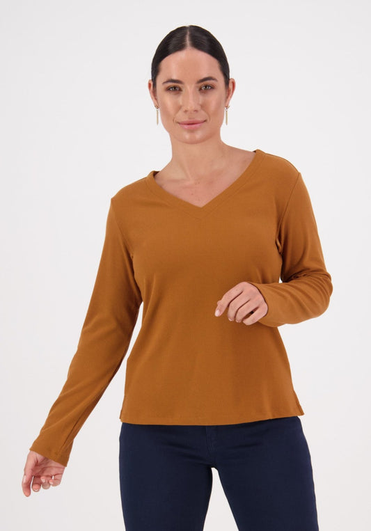 SALE   Vassalli    Ribbed L/S V Neck Tee Top   Tobacco   -   Sizes:  8  10   12