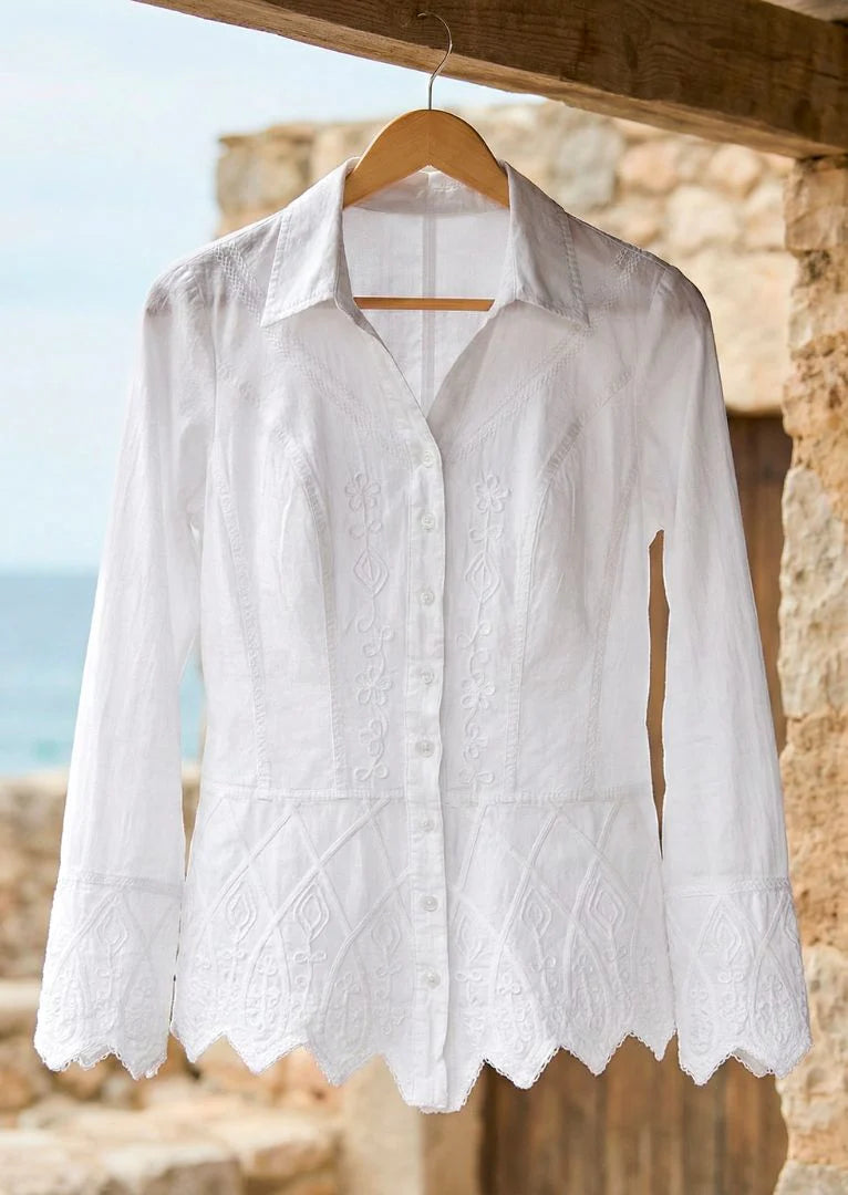 Gretty Zueger "Barbara Long Sleeve Cotton Blouse" - White - Sizes: S M L XL
