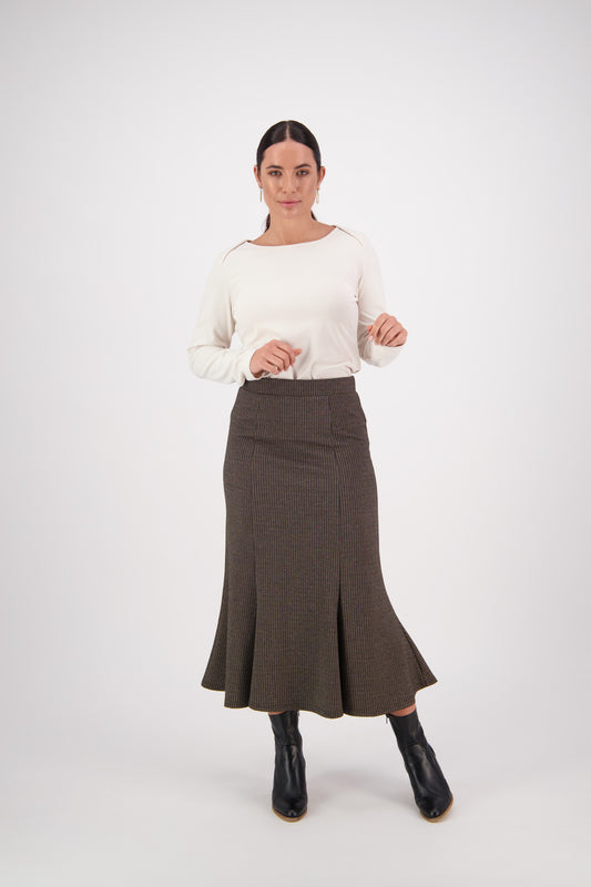 Vassalli    "Logic" Black/Tan Stretch Midi Fluted Skirt   -   Size: 10