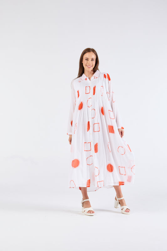 Au Hasard D'un Voyage White With Orange Spots & Squares Collared Dress - Sizes: L XL