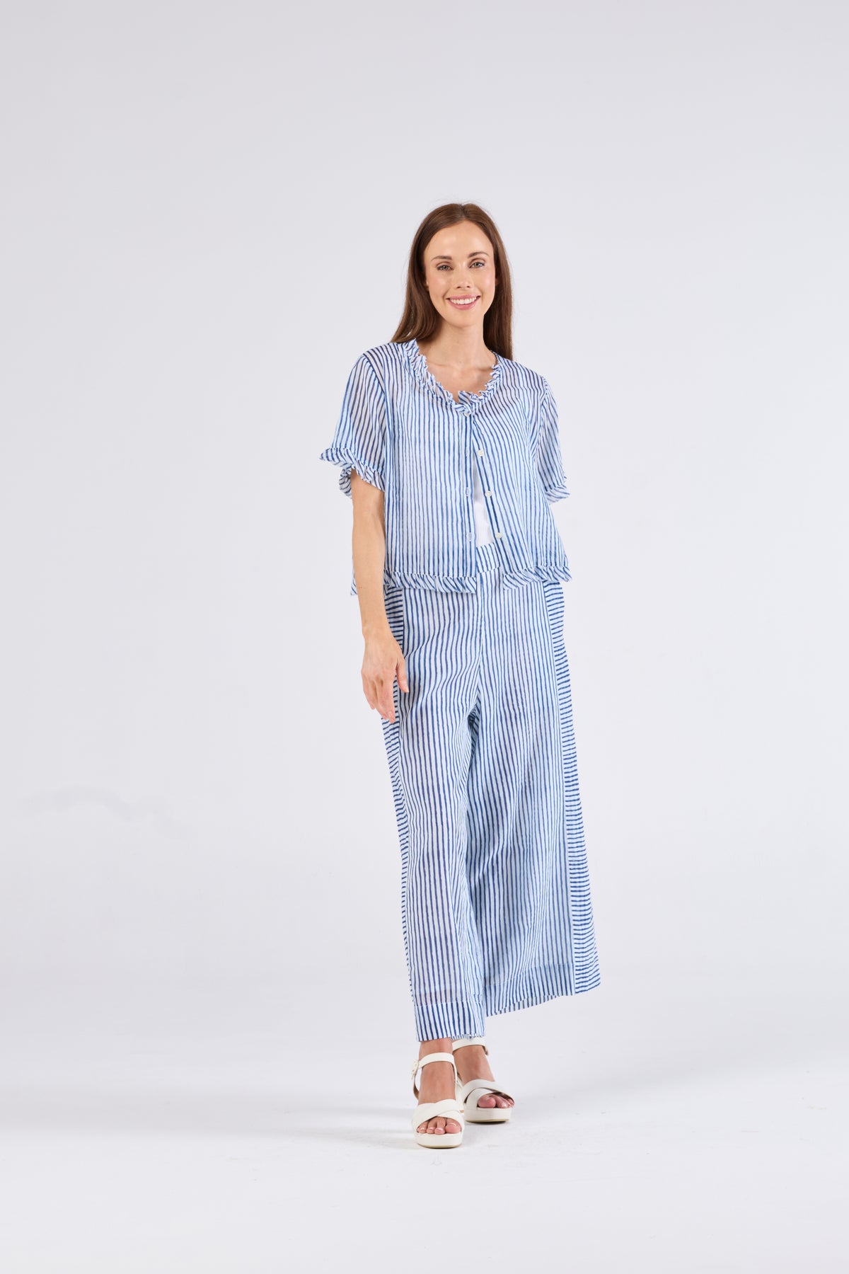 Au Hasard D'un Voyage Cobalt and White Stripe Frill Detail Cardi - Sizes: XS S