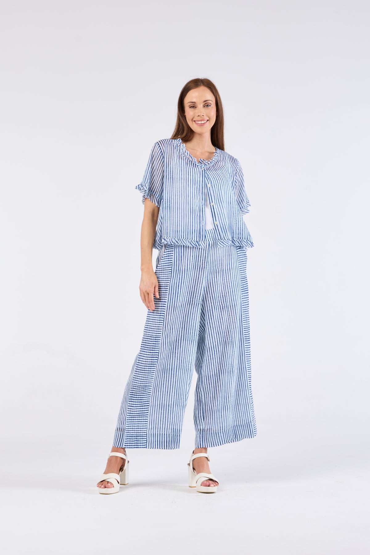 Au Hasard D'un Voyage Cobalt and White Stripe Frill Detail Cardi - Sizes: XS S