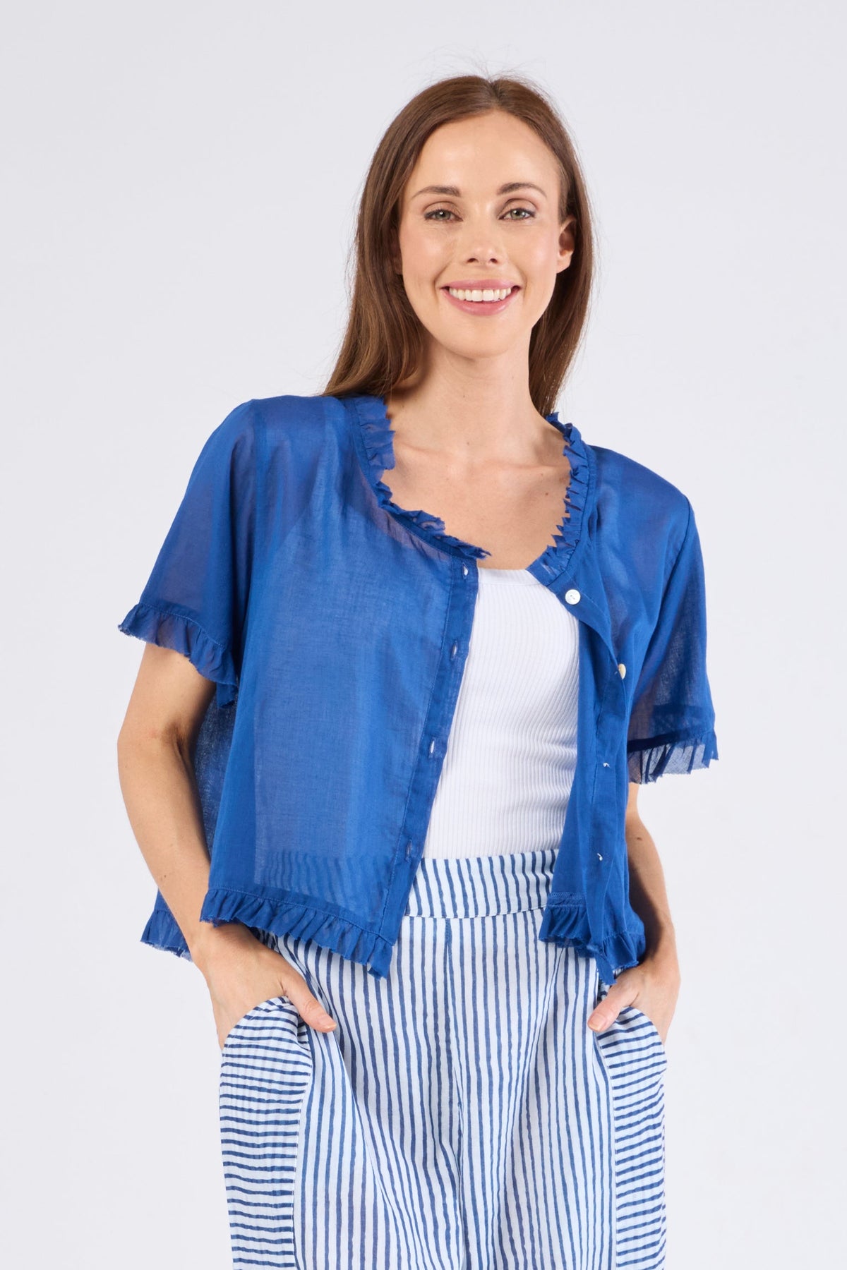 Au Hasard Cobalt Blue Cardi with Frill Detail - Sizes: XS  M  XL