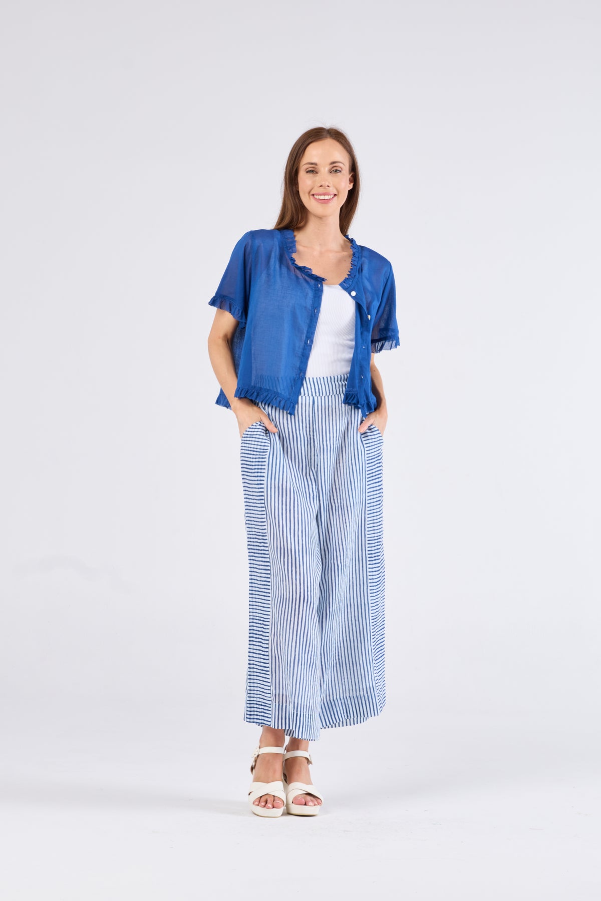 Au Hasard D'un Voyage White and Blue Stripe Pants - Sizes: XS  M