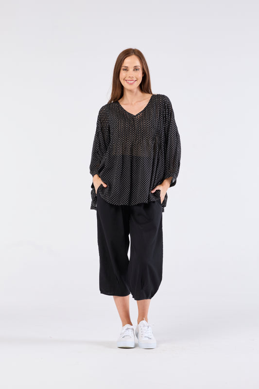 Au Hasard D'un Voyage Black & White Pinspot Pintuck Pleat Top - Sizes: S M L