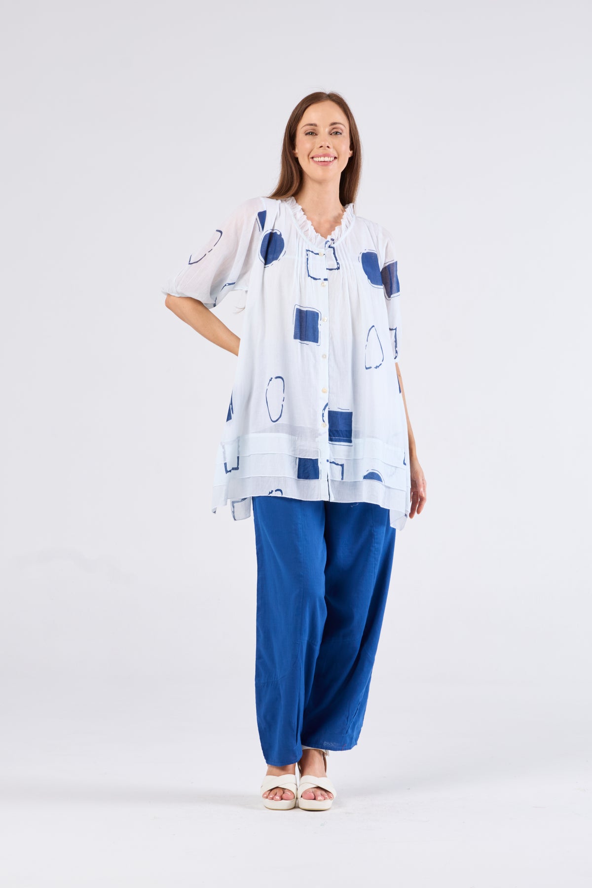 Au Hasard D'un Voyage White and Blue Print Longline Blouse - Sizes:  XL