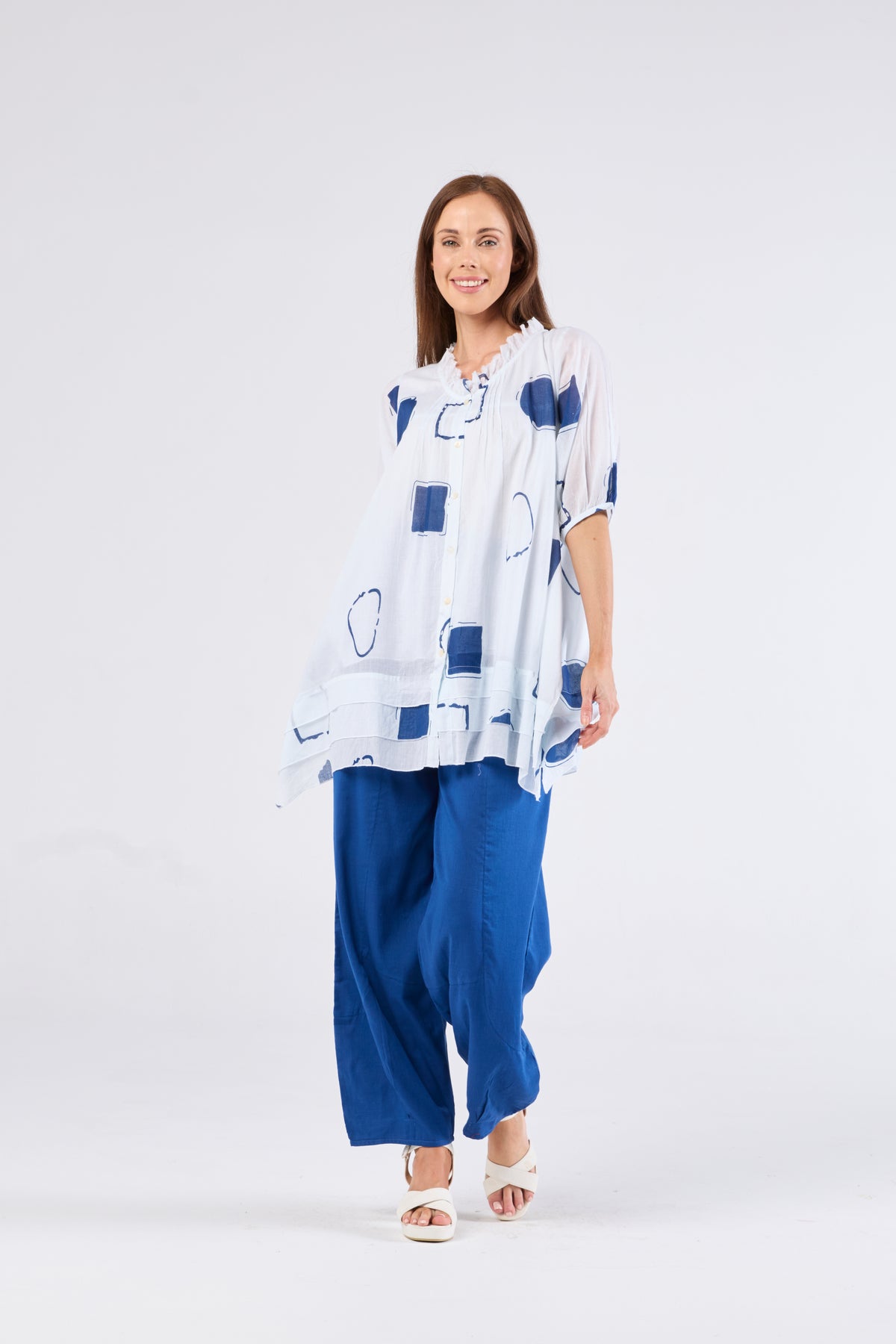 Au Hasard D'un Voyage White and Blue Print Longline Blouse - Sizes:  XL