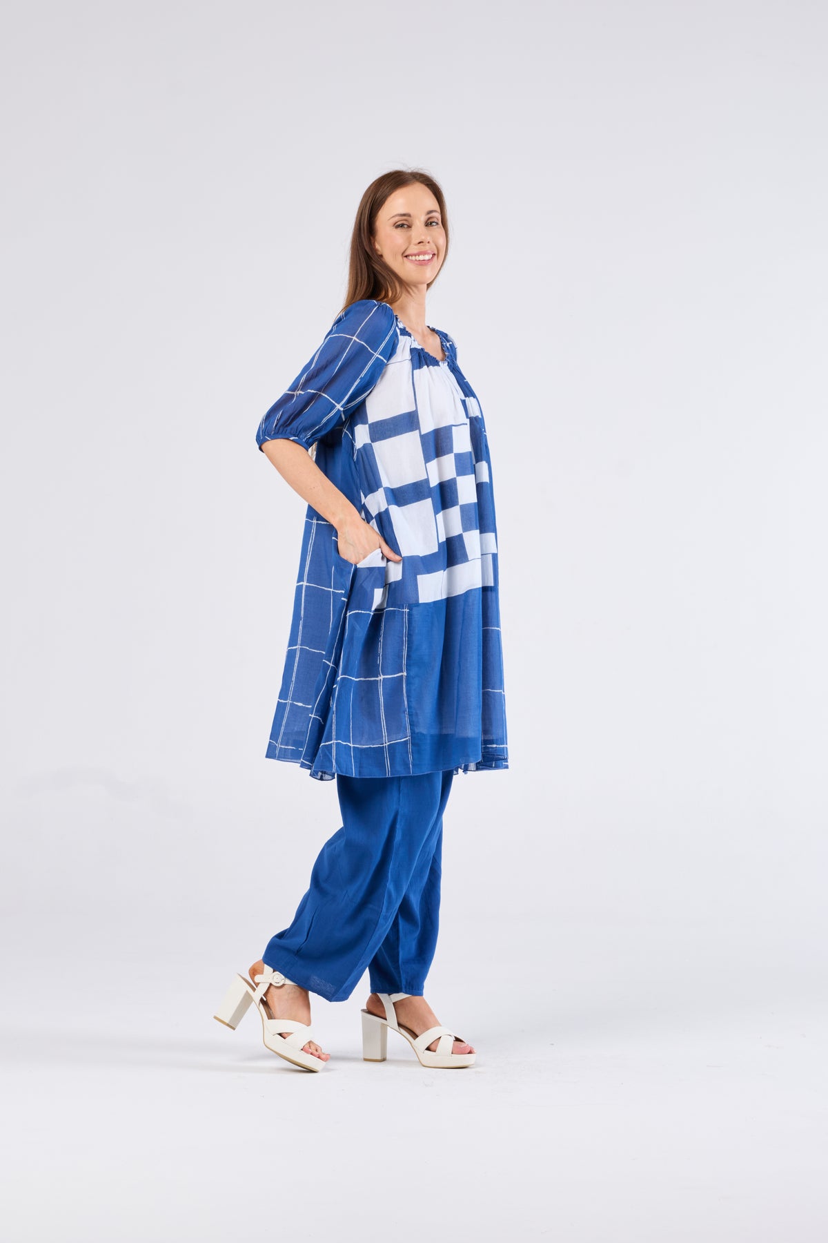 Au Hasard D'un Voyage Shirred Neck Blue Check Tunic/Dress - Sizes: XS  L