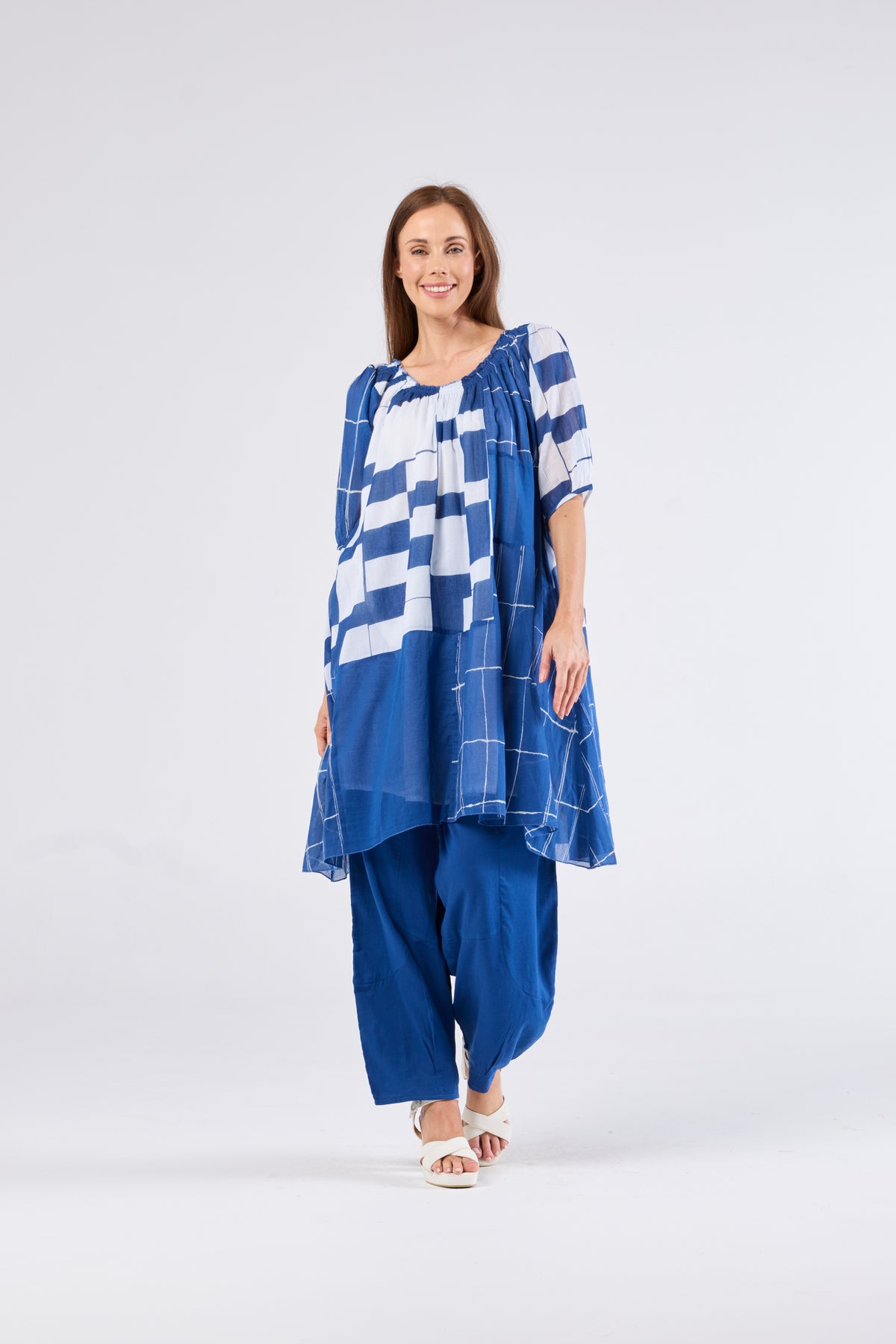 Au Hasard D'un Voyage Shirred Neck Blue Check Tunic/Dress - Sizes: XS  L