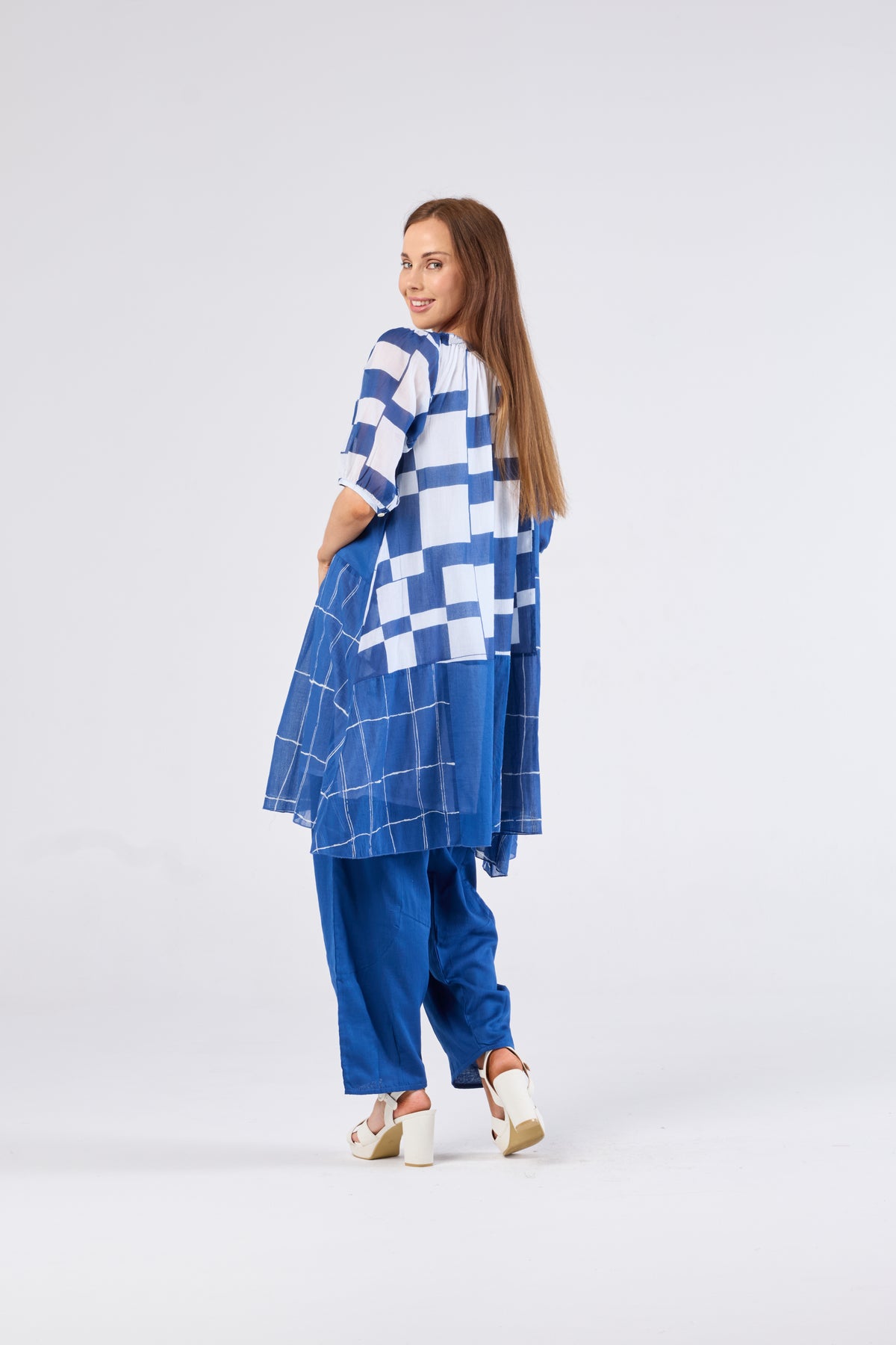 Au Hasard D'un Voyage Shirred Neck Blue Check Tunic/Dress - Sizes: XS  L