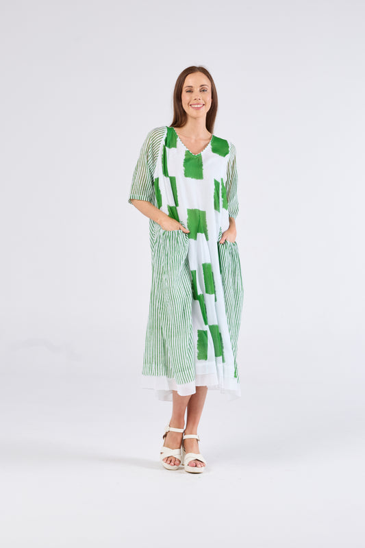Au Hasard D'un Voyage White Dress with Green Squares and Stripes - Sizes: M L XL
