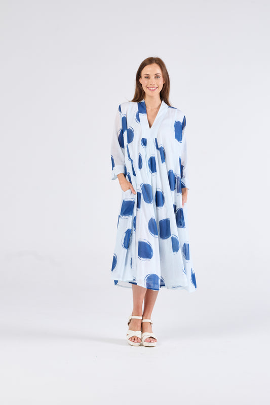 Au Hasard D'un Voyage White with Blue Spots Long Relaxed Dress - Sizes: M L