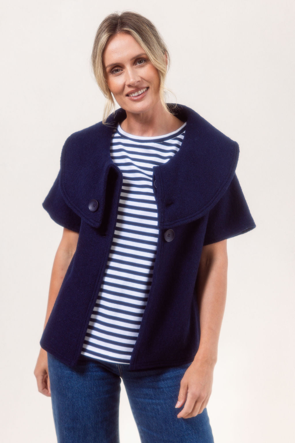 See Saw Wool Collared Crop Coat - Navy - S  L XL