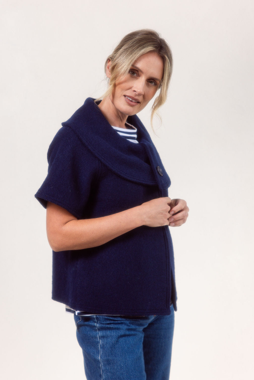 See Saw Wool Collared Crop Coat - Navy - S  L XL