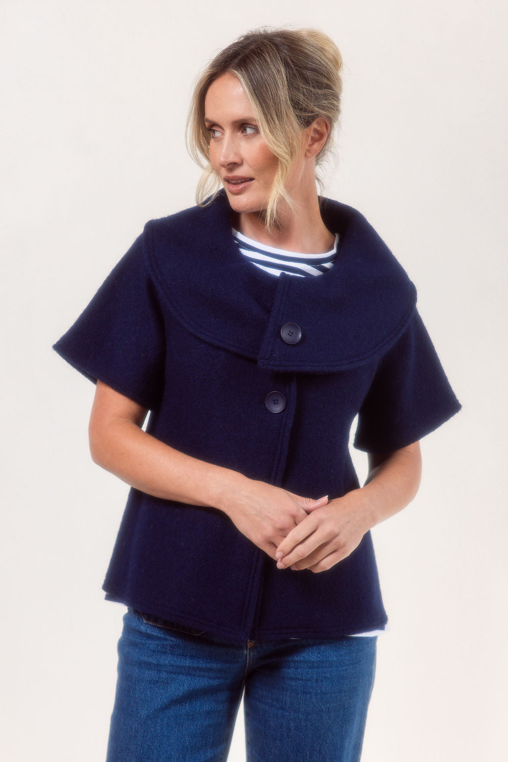 See Saw Wool Collared Crop Coat - Navy - S  L XL