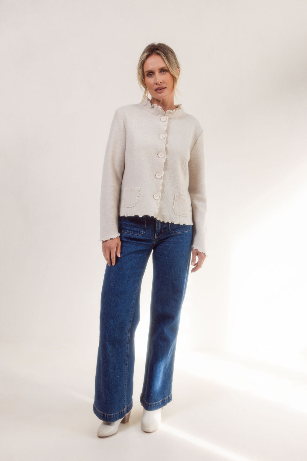 See Saw Boiled Wool Ruffle Trim Jacket - Cream - Sizes: S  L XL