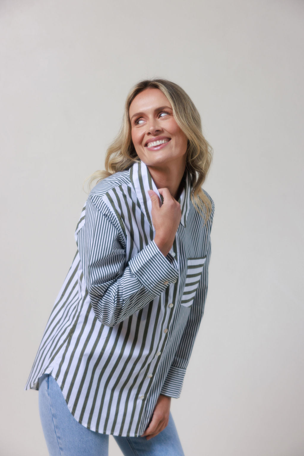 See Saw Cotton Stripe Shirt - Khaki/White - Sizes: 8 10 12 14 16