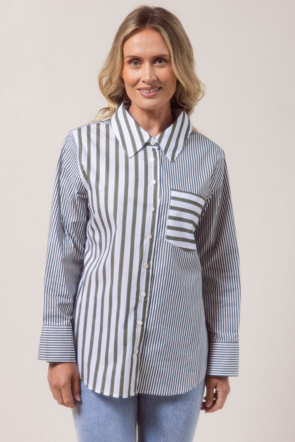 See Saw Cotton Stripe Shirt - Khaki/White - Sizes: 8 10 12 14 16