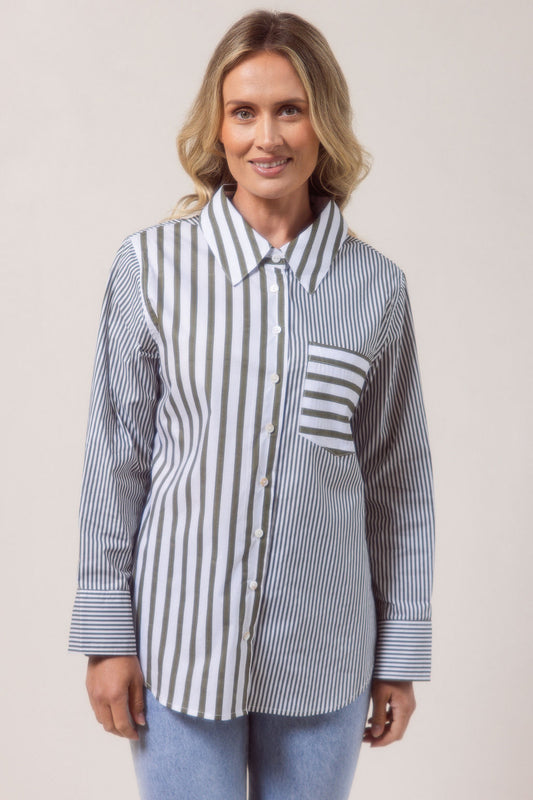 See Saw Cotton Stripe Shirt - Khaki/White - Sizes: 8 10 12 14 16