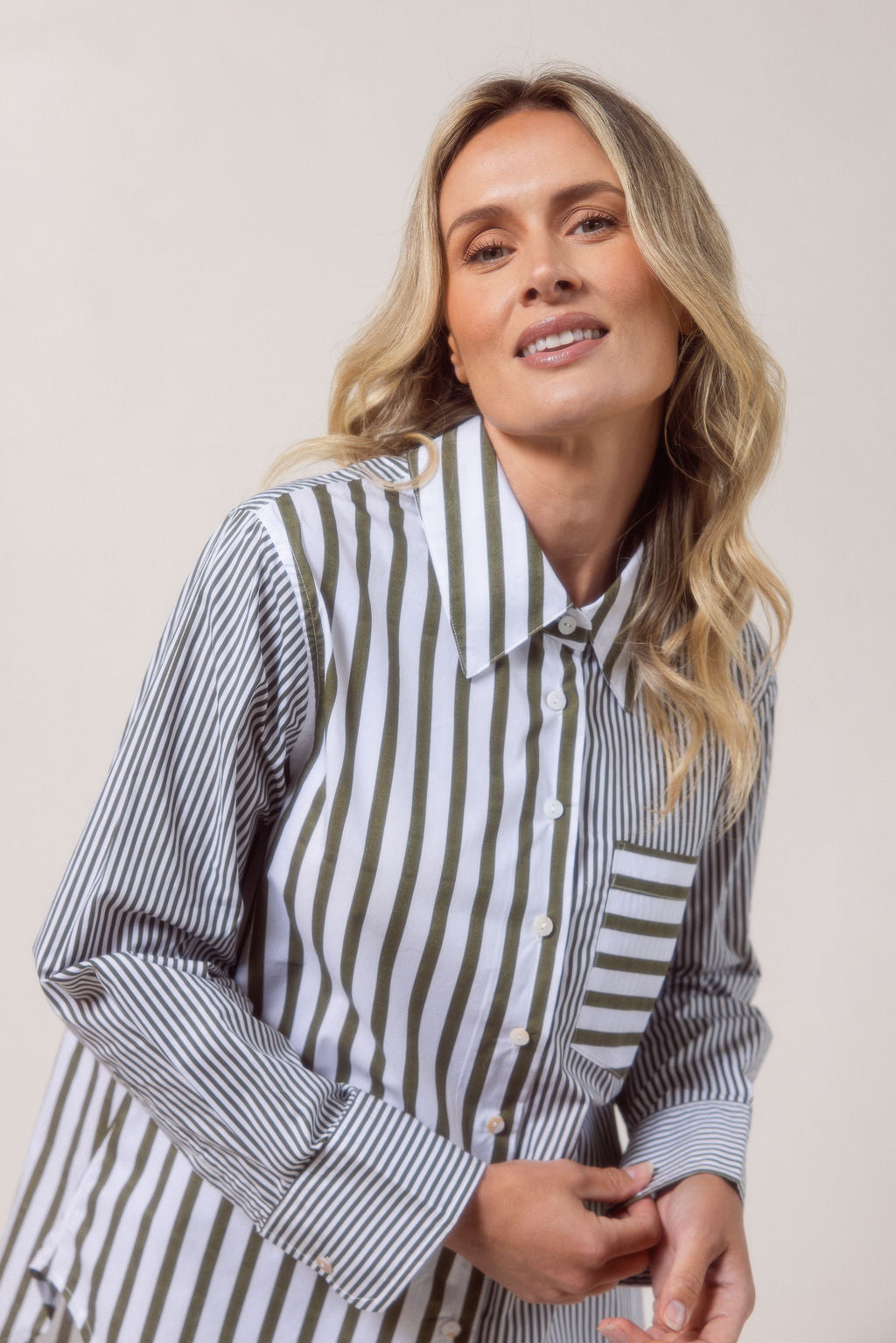 See Saw Cotton Stripe Shirt - Khaki/White - Sizes: 8 10 12 14 16