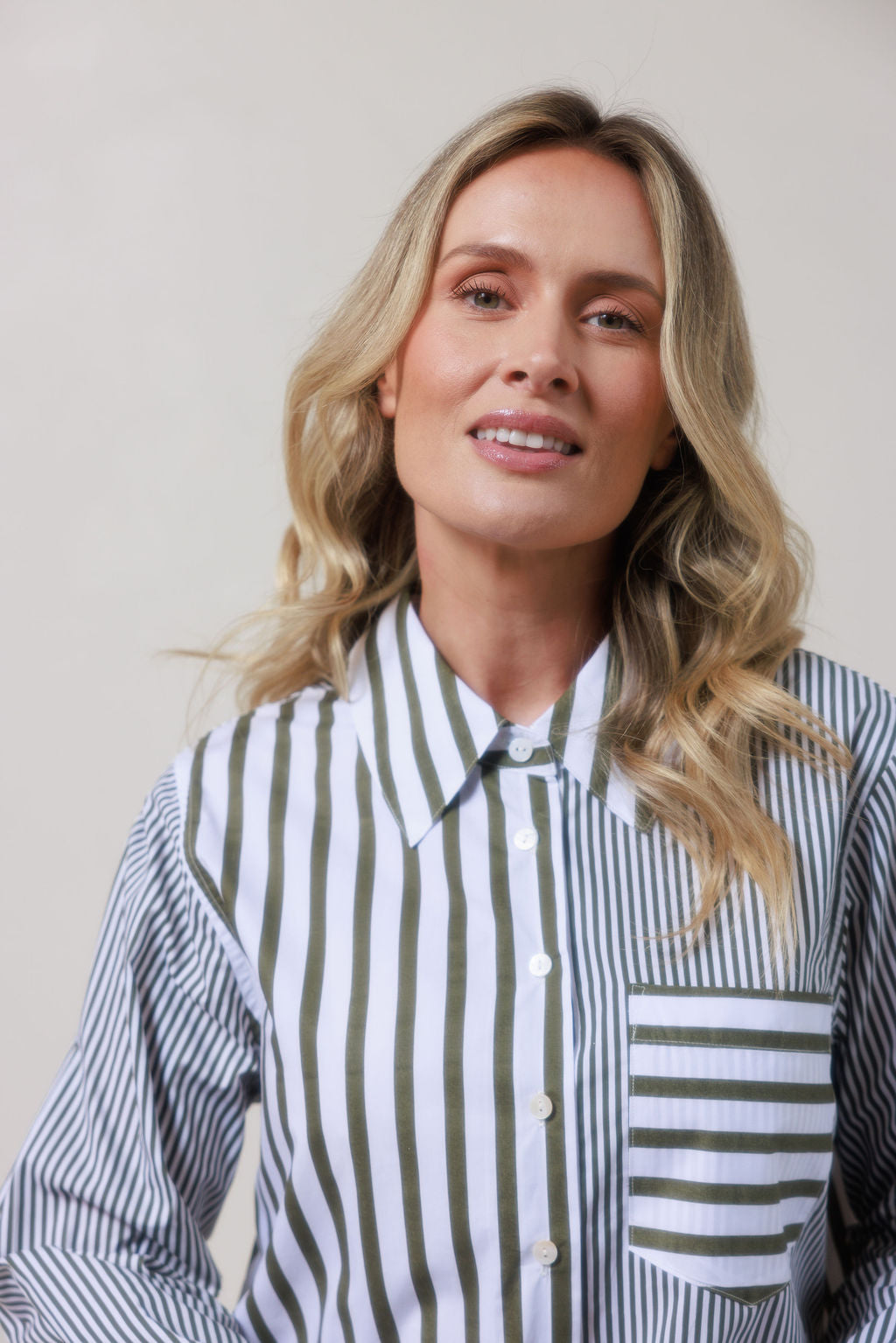See Saw Cotton Stripe Shirt - Khaki/White - Sizes: 8 10 12 14 16