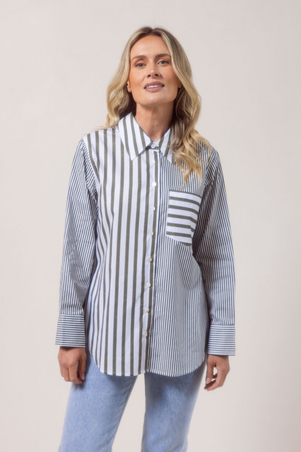 See Saw Cotton Stripe Shirt - Khaki/White - Sizes: 8 10 12 14 16