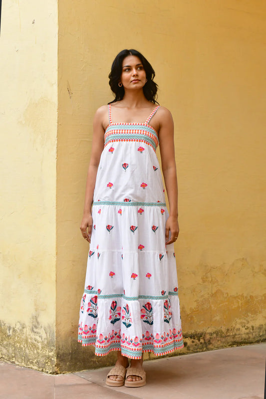 Azure And Indigo Hummingbird Embroidered Swing Maxi - Sizes: XS S M